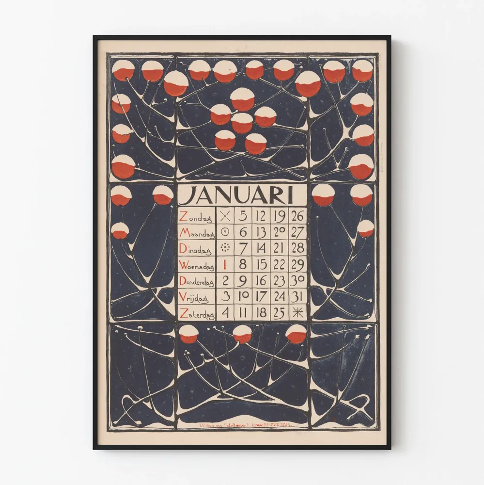 Affiche calendrier janvier 1896 style vintage botanique