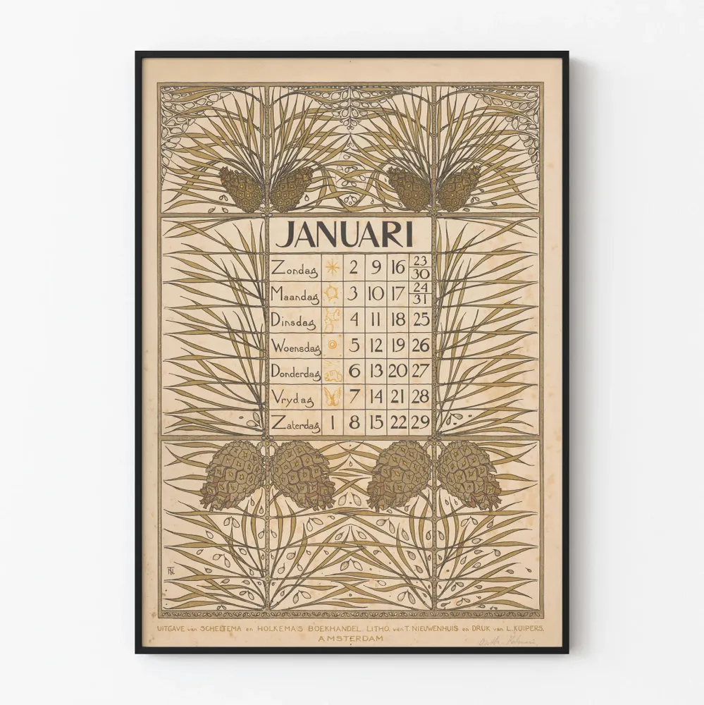 Affiche Calendrier Janvier vintage 1898 avec motif floral Art Nouveau