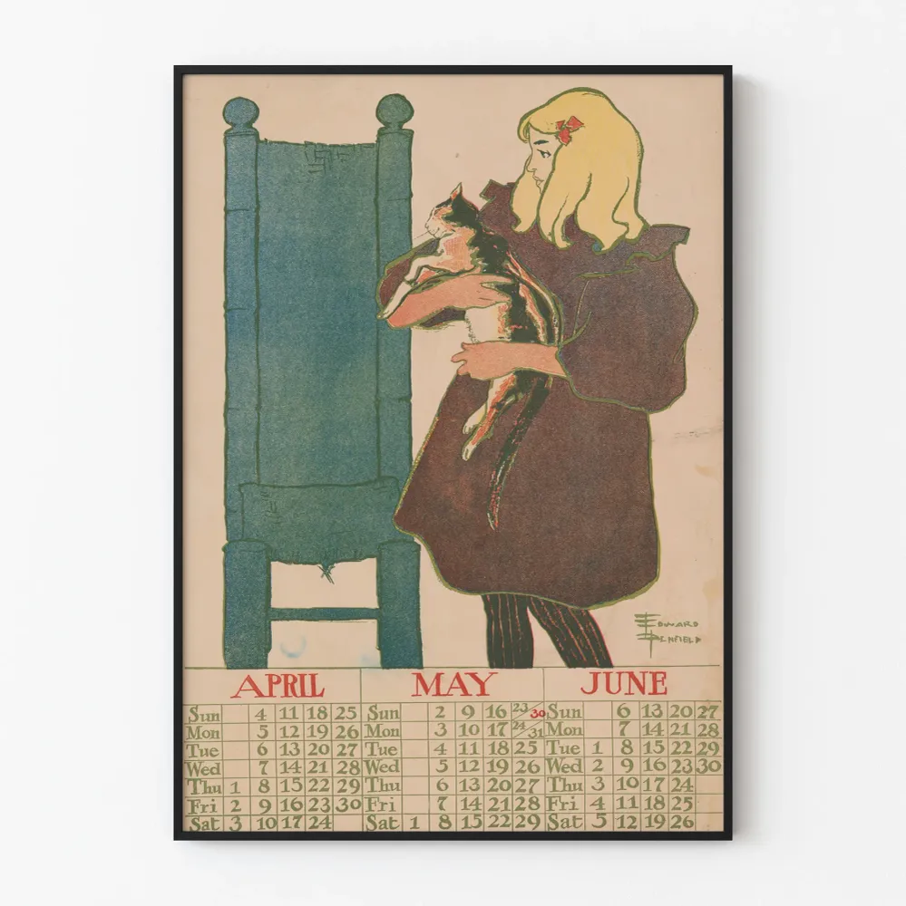 Affiche calendrier vintage avril à juin 1897 avec illustration fille et chat