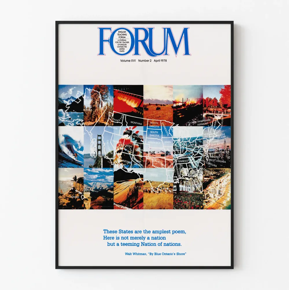 Affiche Carte des États-Unis avec paysages emblématiques - Forum Avril 1978