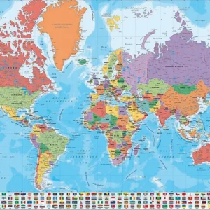 Affiche de carte du monde avec drapeaux En Français (texte français)