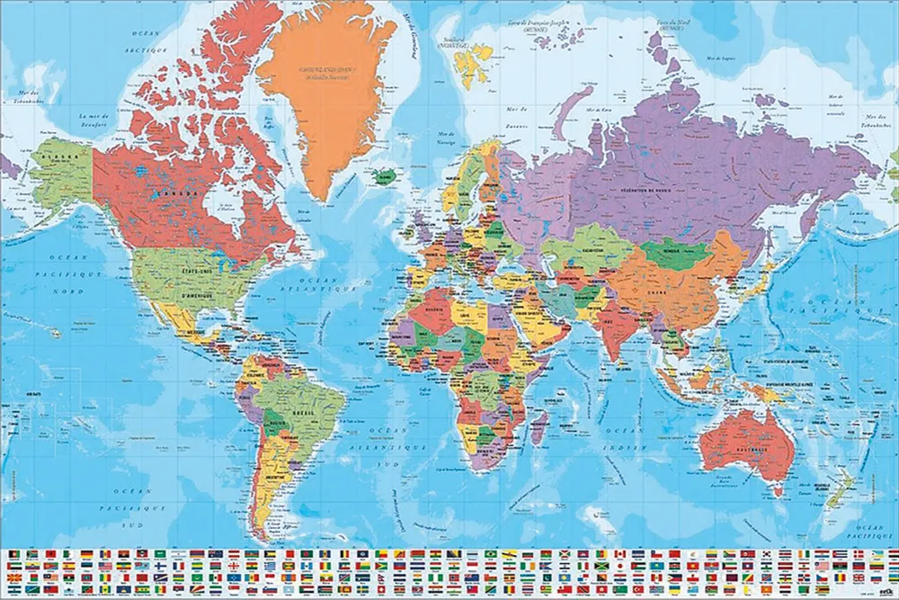 Affiche de carte du monde avec drapeaux En Français (texte français)