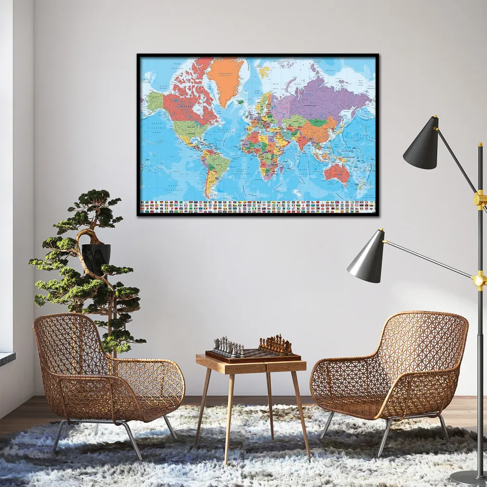 Affiche de carte du monde avec drapeaux En Français (texte français)