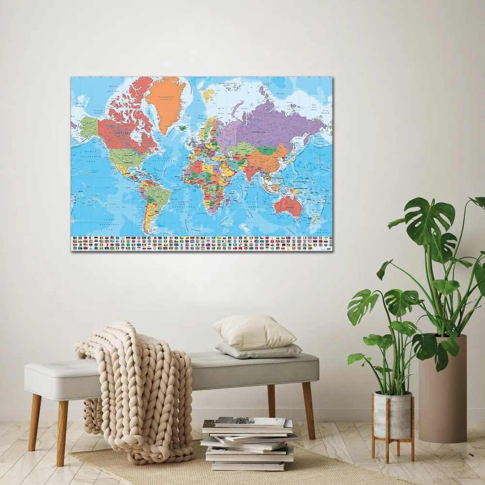 Affiche de carte du monde avec drapeaux En Français (texte français)