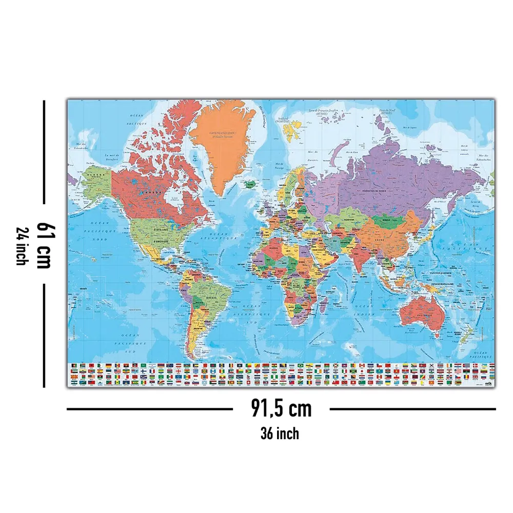 Affiche de carte du monde avec drapeaux En Français (texte français)