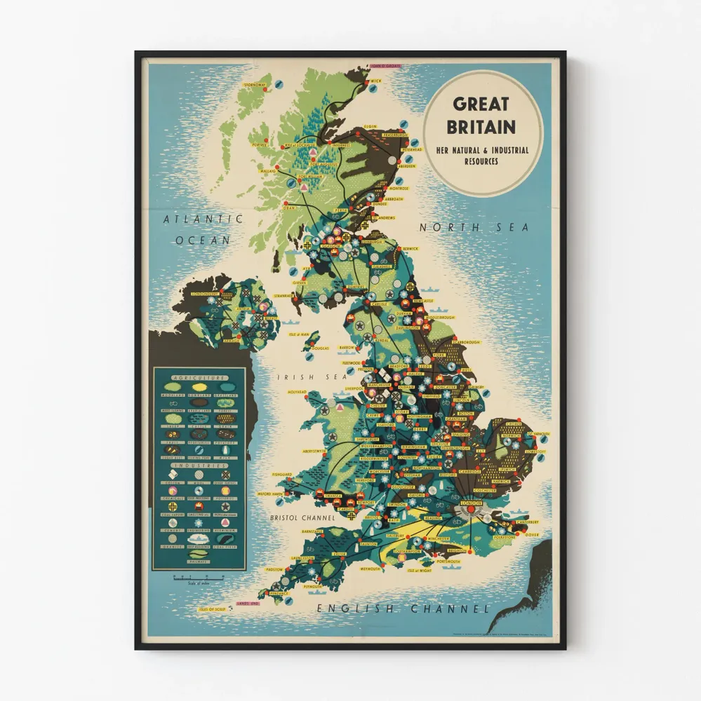 Affiche Carte Ressources Naturelles et Industrielles de Grande-Bretagne