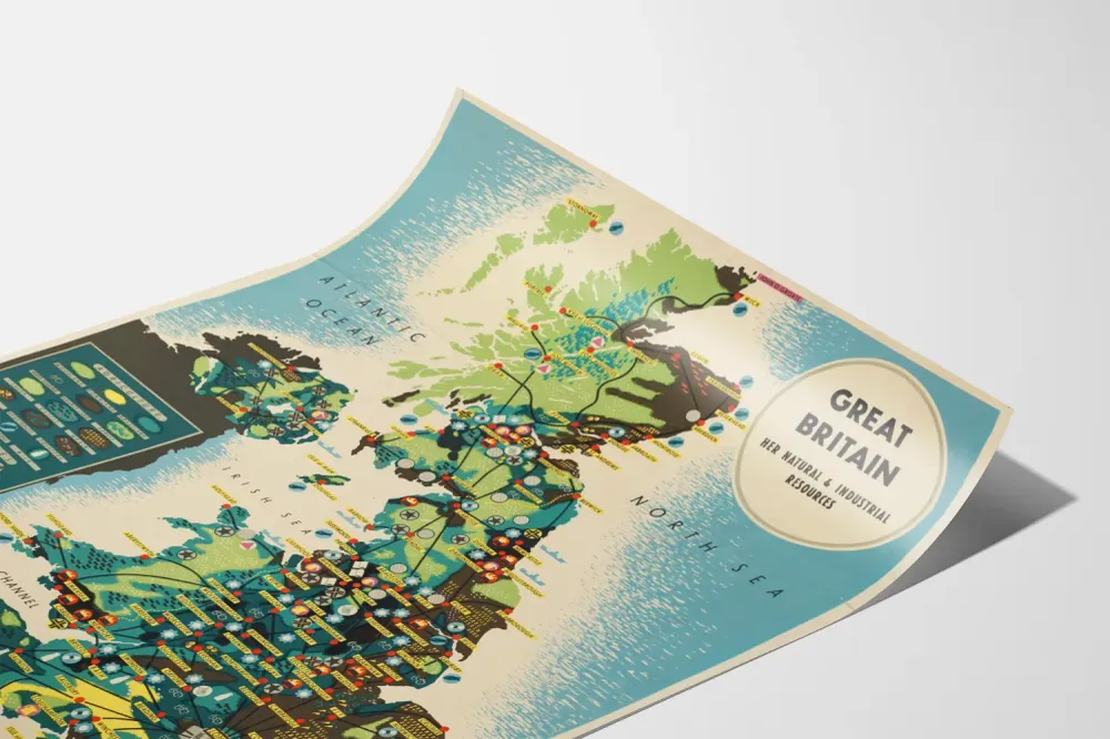 Affiche Carte Ressources Naturelles et Industrielles de Grande-Bretagne