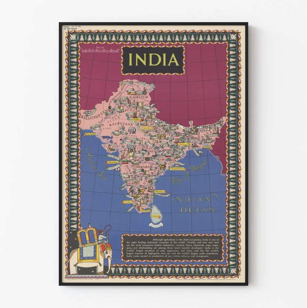 Affiche Carte Vintage Industrielle et Agricole de l'Inde