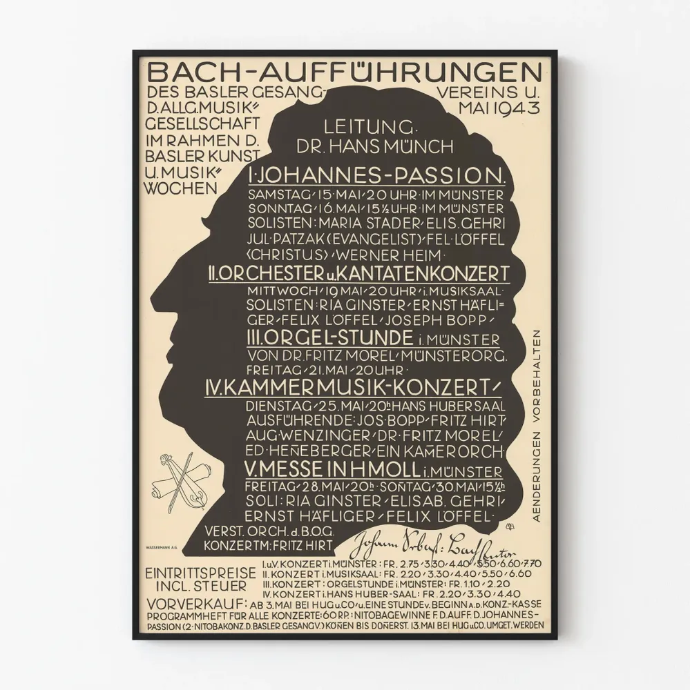 Affiche de concert classique Bach Aufführungen 1943 – Décoration murale vintage