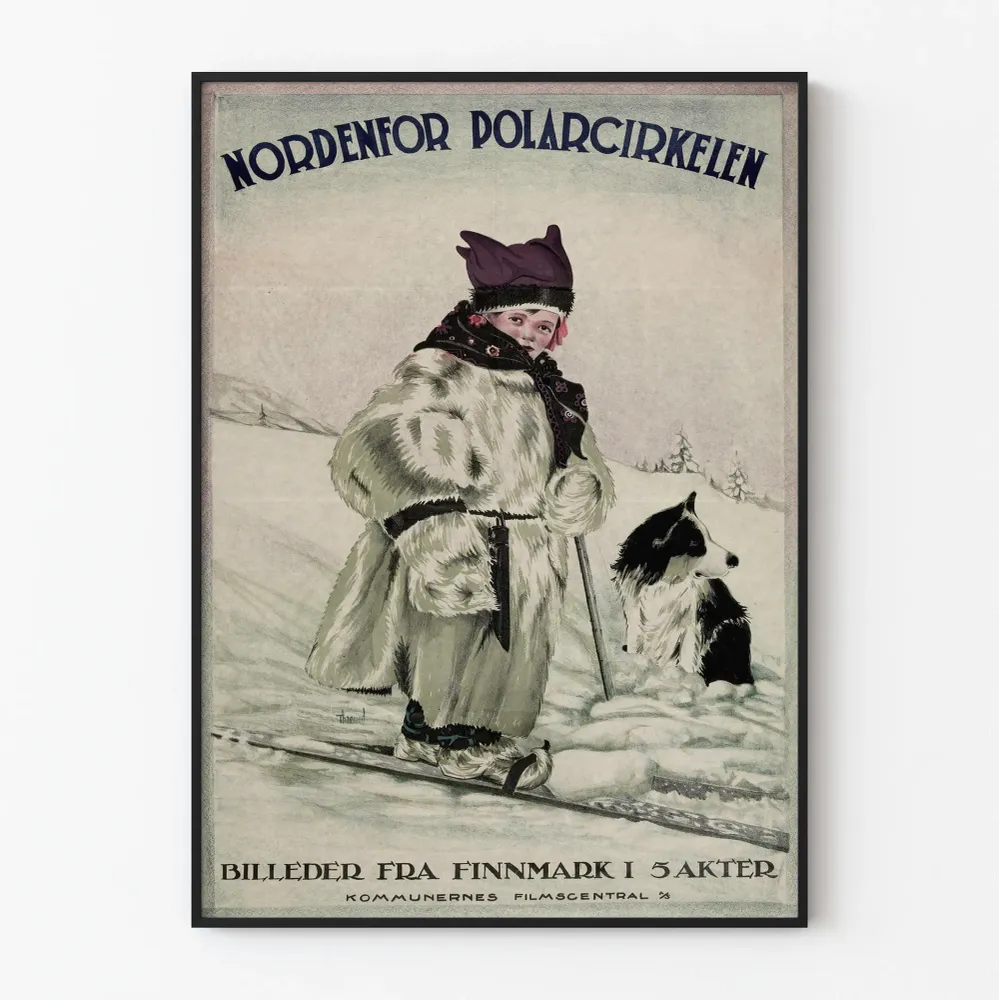 Affiche de décoration murale nordique 'Nordenfor Polarcirkelen' avec enfant en tenue traditionnelle et chien