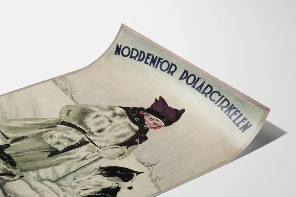 Affiche de décoration murale nordique 'Nordenfor Polarcirkelen' avec enfant en tenue traditionnelle et chien