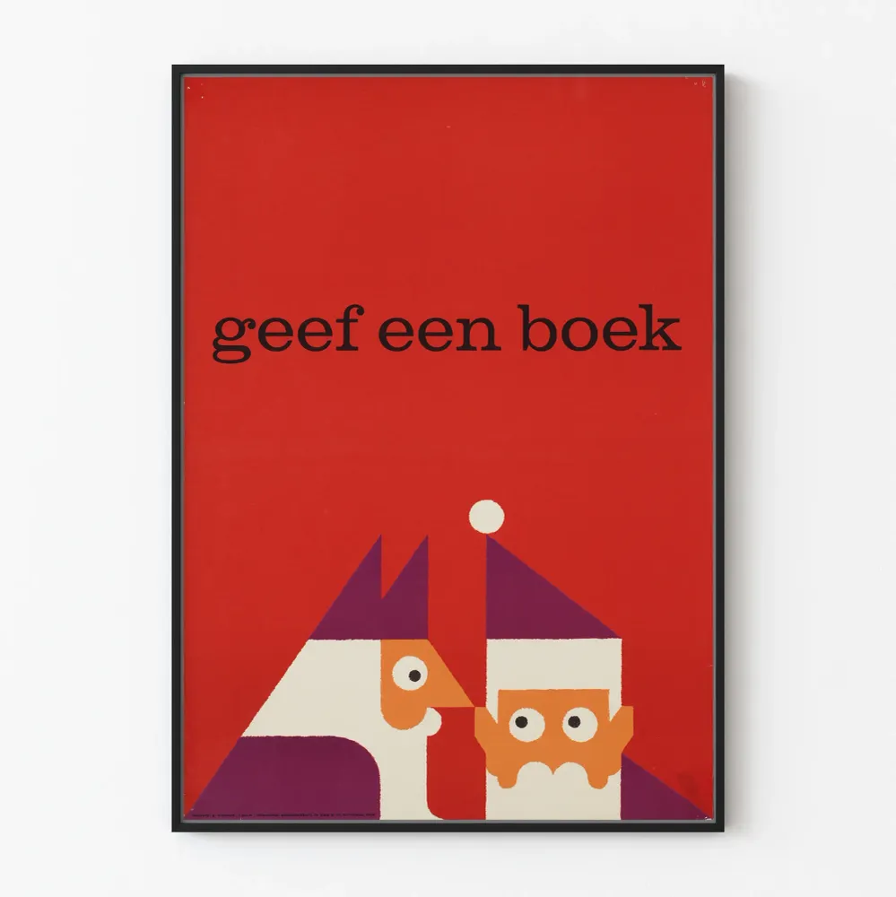 Affiche de décoration murale rouge avec illustration géométrique et texte 'geef een boek'