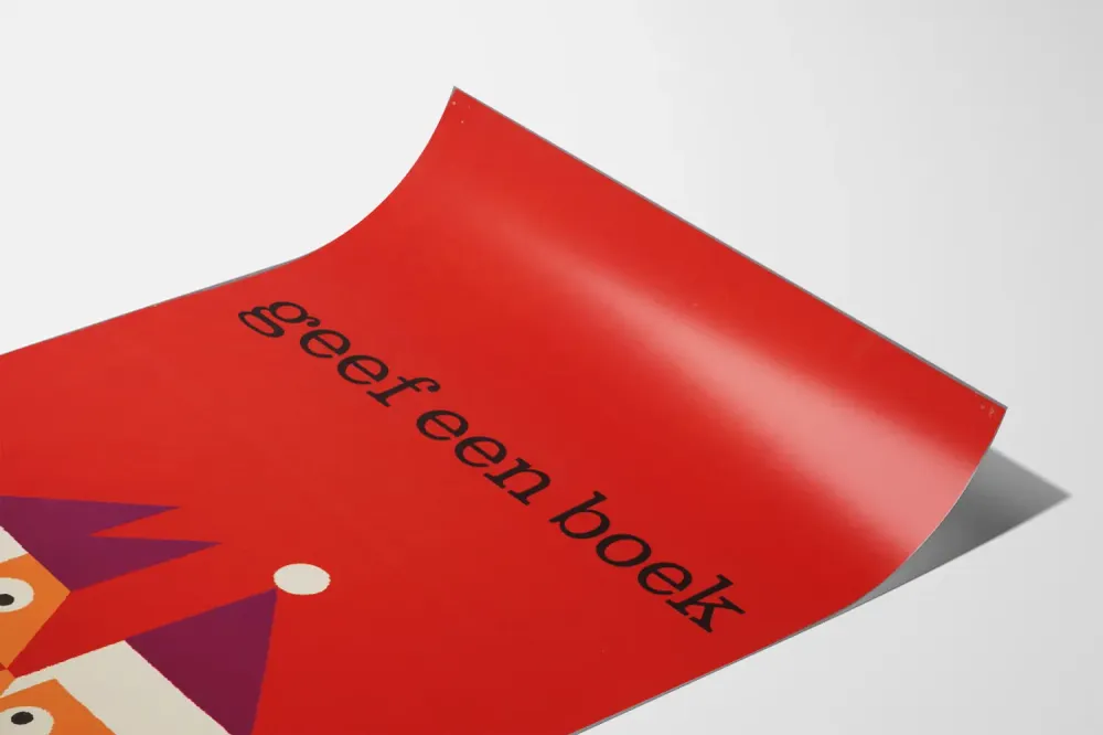 Affiche de décoration murale rouge avec illustration géométrique et texte 'geef een boek'