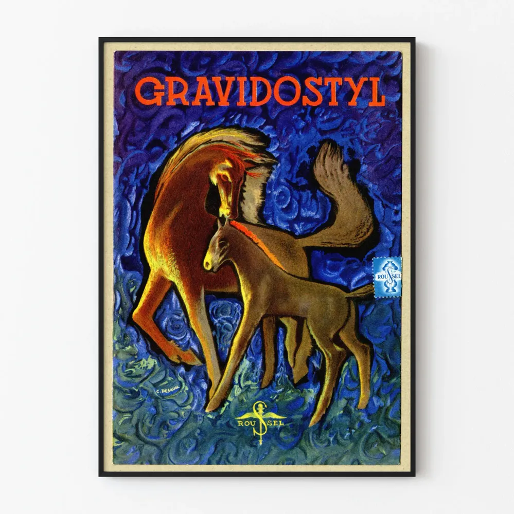 Affiche décorative Gravidostyl avec chevaux stylisés sur fond bleu