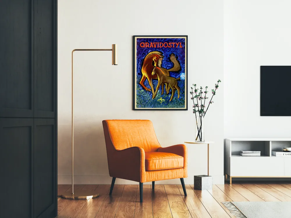 Affiche décorative Gravidostyl avec chevaux stylisés sur fond bleu