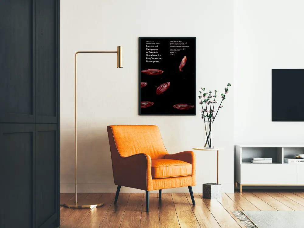 Affiche décorative scientifique avec poissons zèbres et texte sur mutagenèse