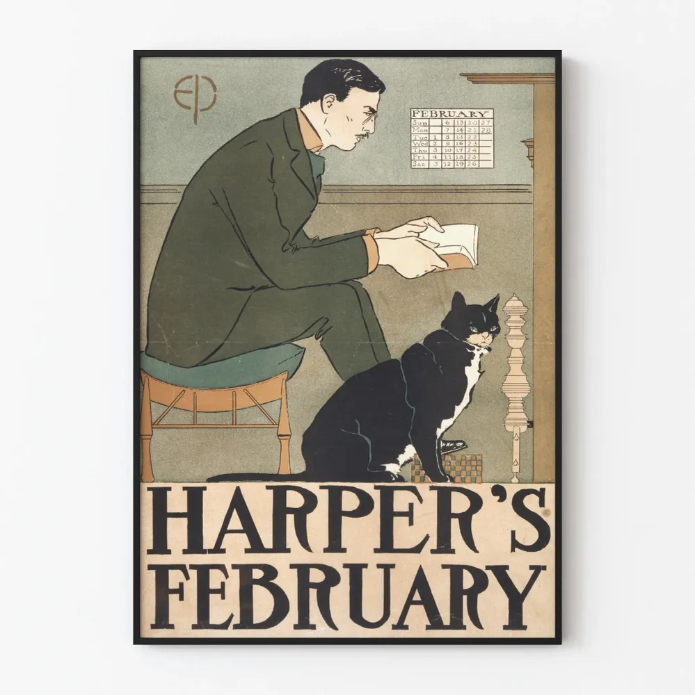 Affiche Harper's February vintage avec homme lisant et chat