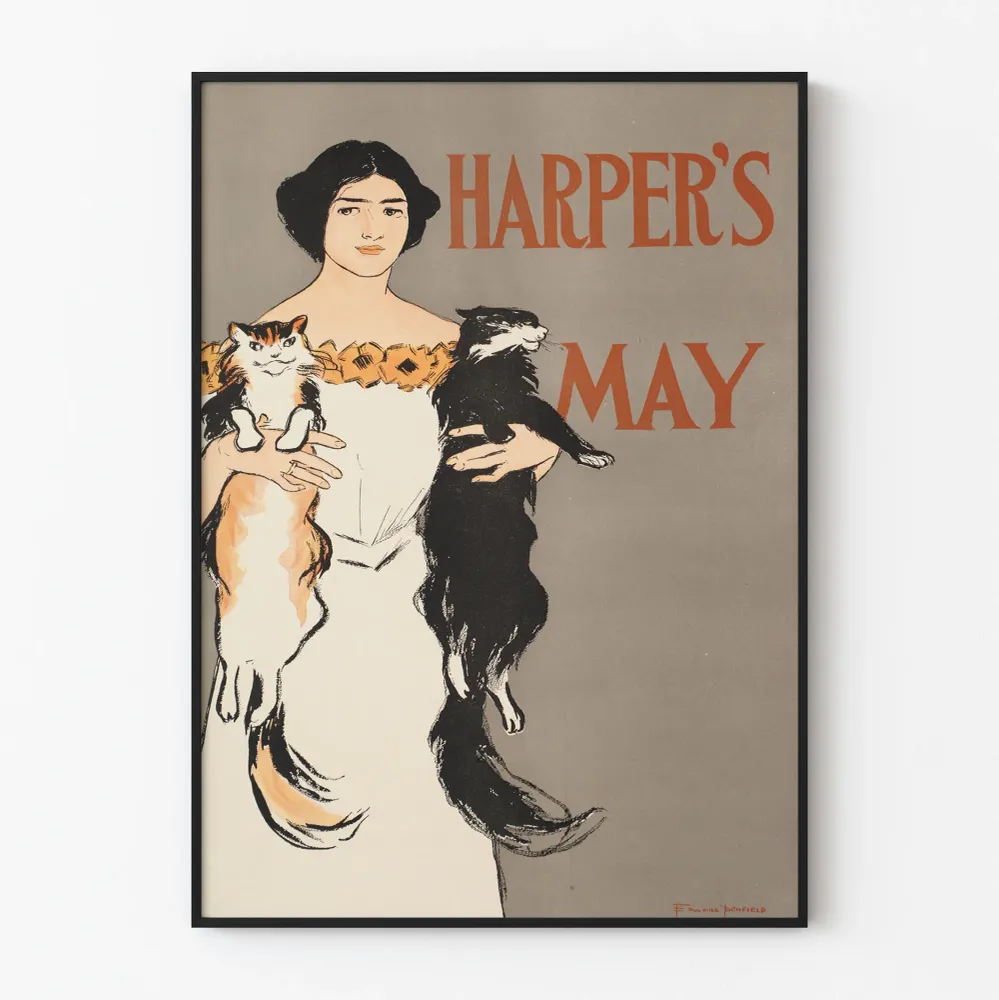 Affiche Harper's May avec Femme et Chats - Décoration Murale Vintage