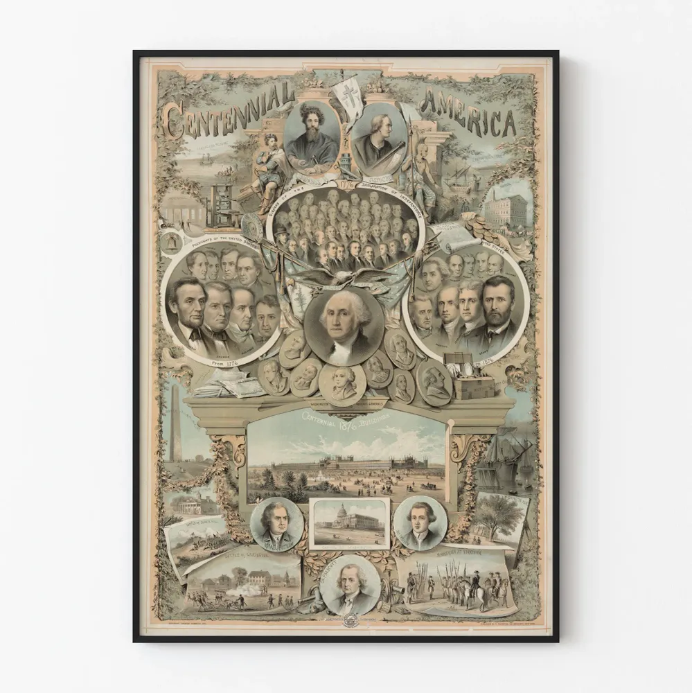 Affiche Historique 'Centennial America' Représentant les Figures et Événements Clés des États-Unis