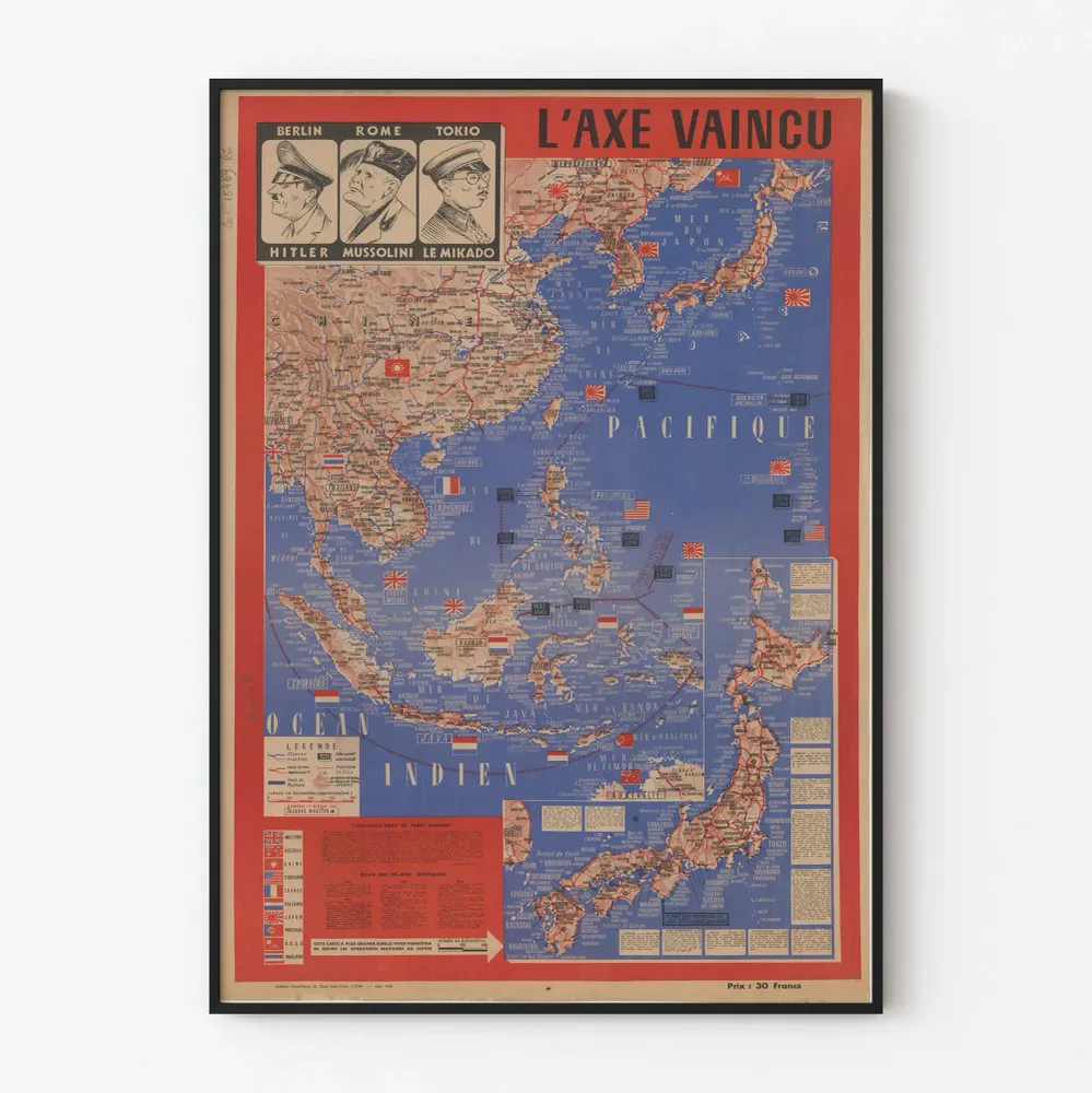 Affiche historique L'Axe Vaincu carte militaire 1945