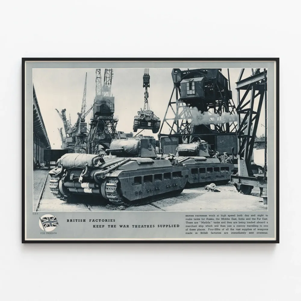 Affiche industrielle vintage : Usines britanniques et chars Matilda en chargement
