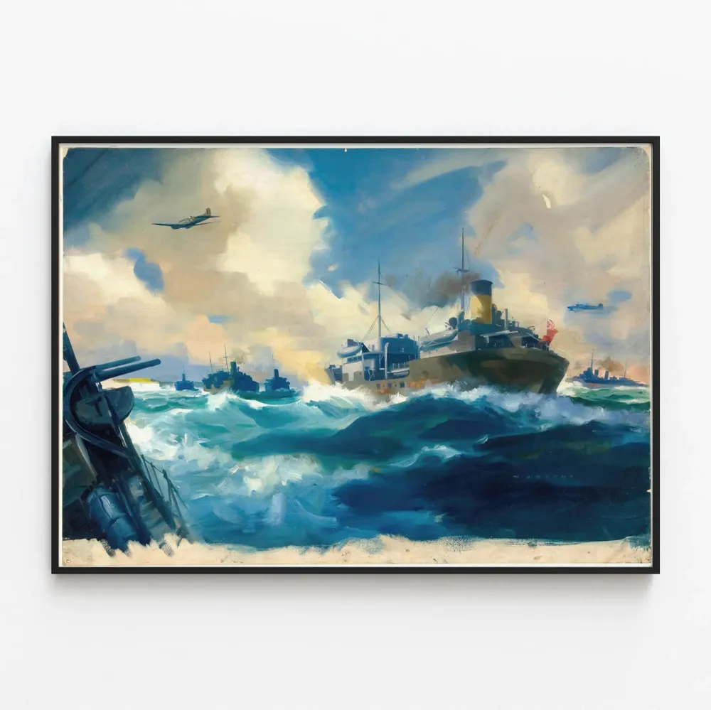 Affiche marine scène de convoi naval avec avions en vol