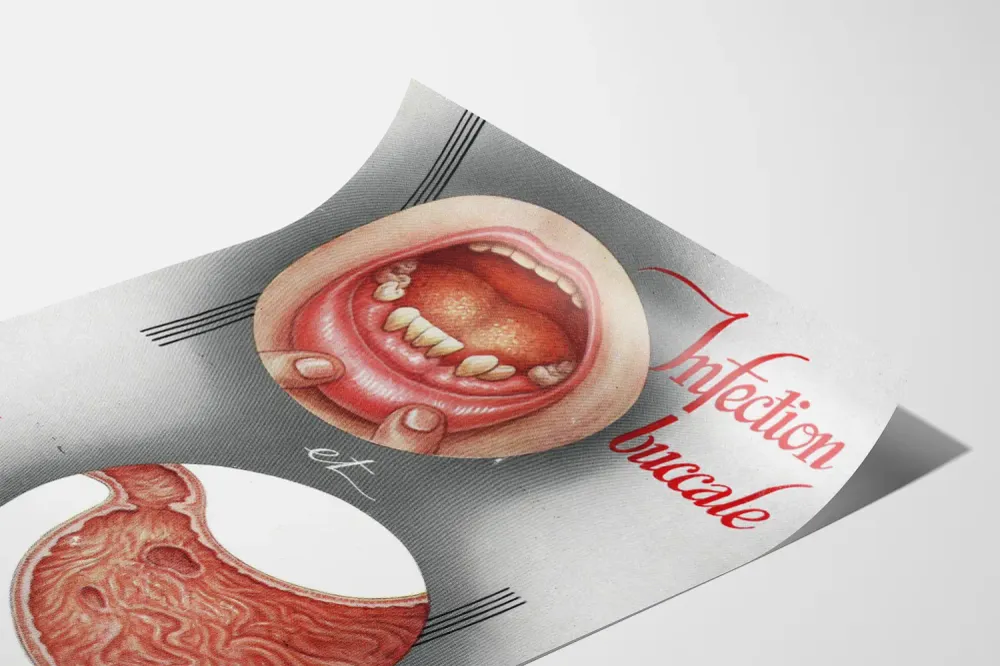 Affiche médicale vintage infection buccale et ulcère de l'estomac