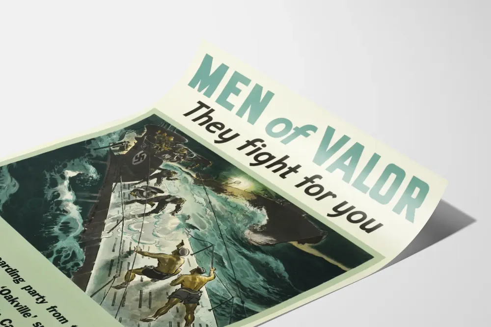 Affiche militaire 'Men Valor' - Débarquement sur sous-marin allemand