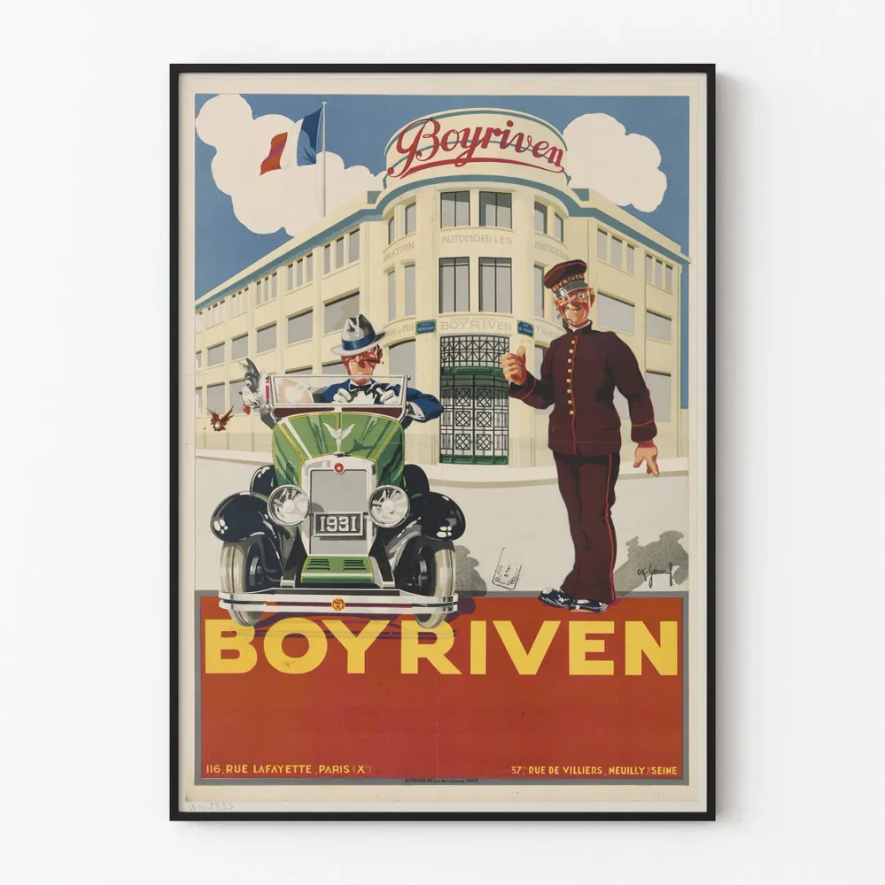 Affiche publicitaire vintage Boyriven 1931 voiture et bâtiment Art déco