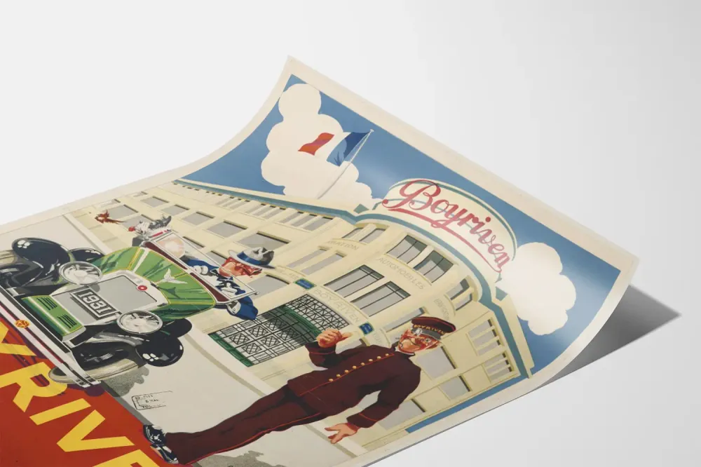 Affiche publicitaire vintage Boyriven 1931 voiture et bâtiment Art déco