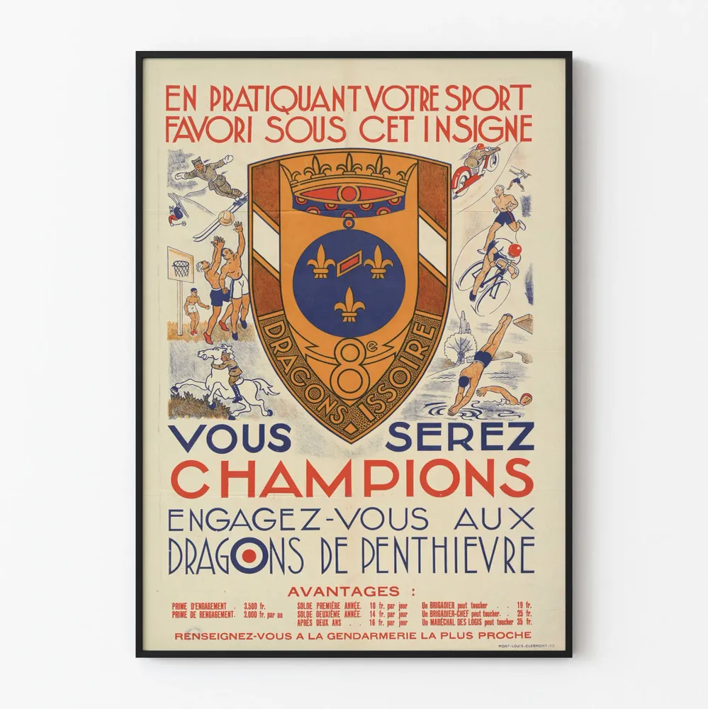 Affiche de recrutement militaire 8e Dragons Isssoire - décoration murale vintage sportive