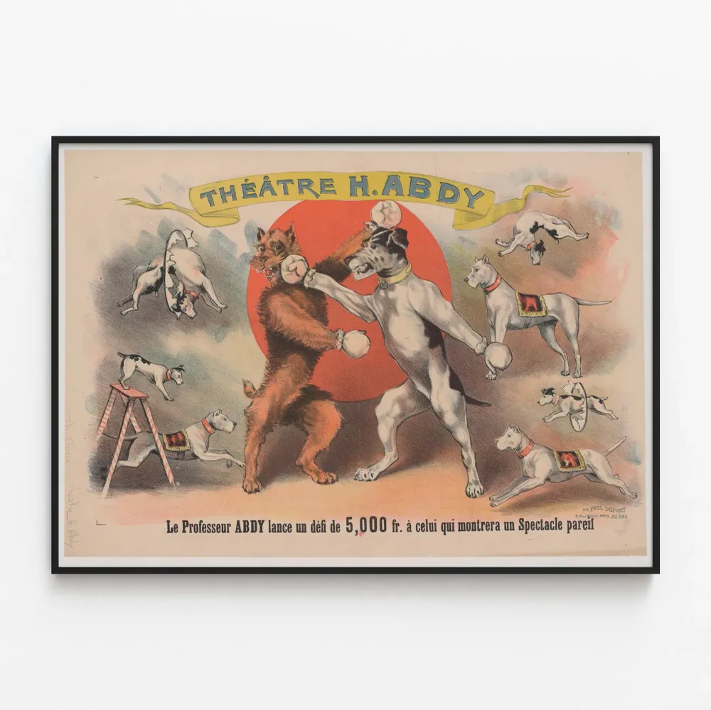 Affiche théâtre vintage Théâtre H. Abdy – Combat de chiens en gants de boxe
