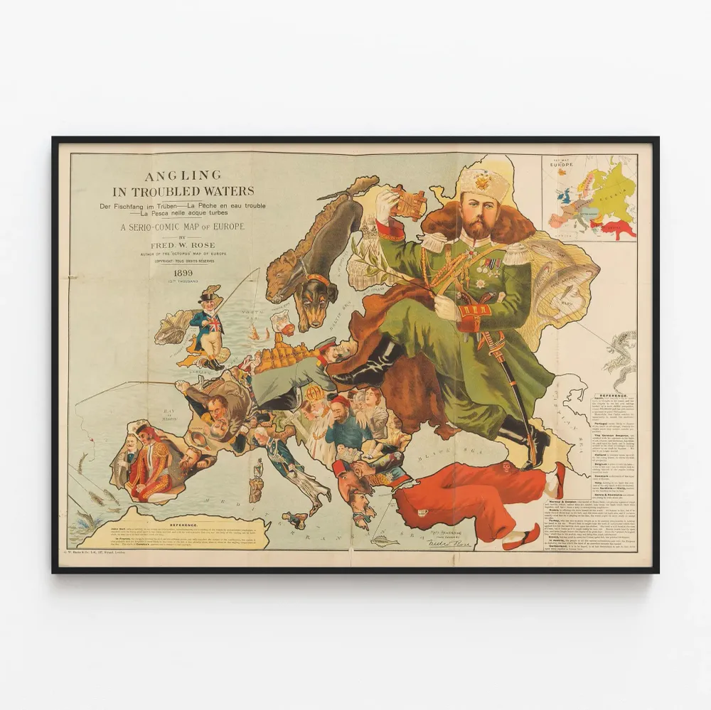 Affiche Vintage Angling Troubled Waters - Carte satirique de l'Europe 1899