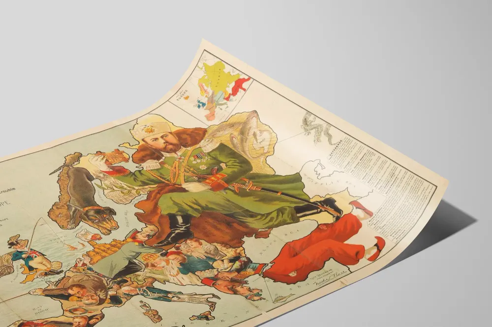 Affiche Vintage Angling Troubled Waters - Carte satirique de l'Europe 1899