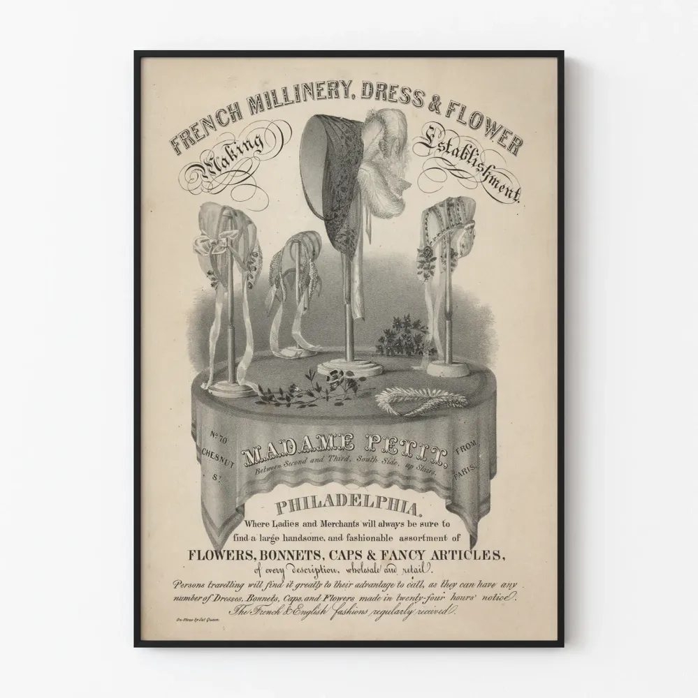 Affiche vintage atelier de chapellerie et fleurs françaises