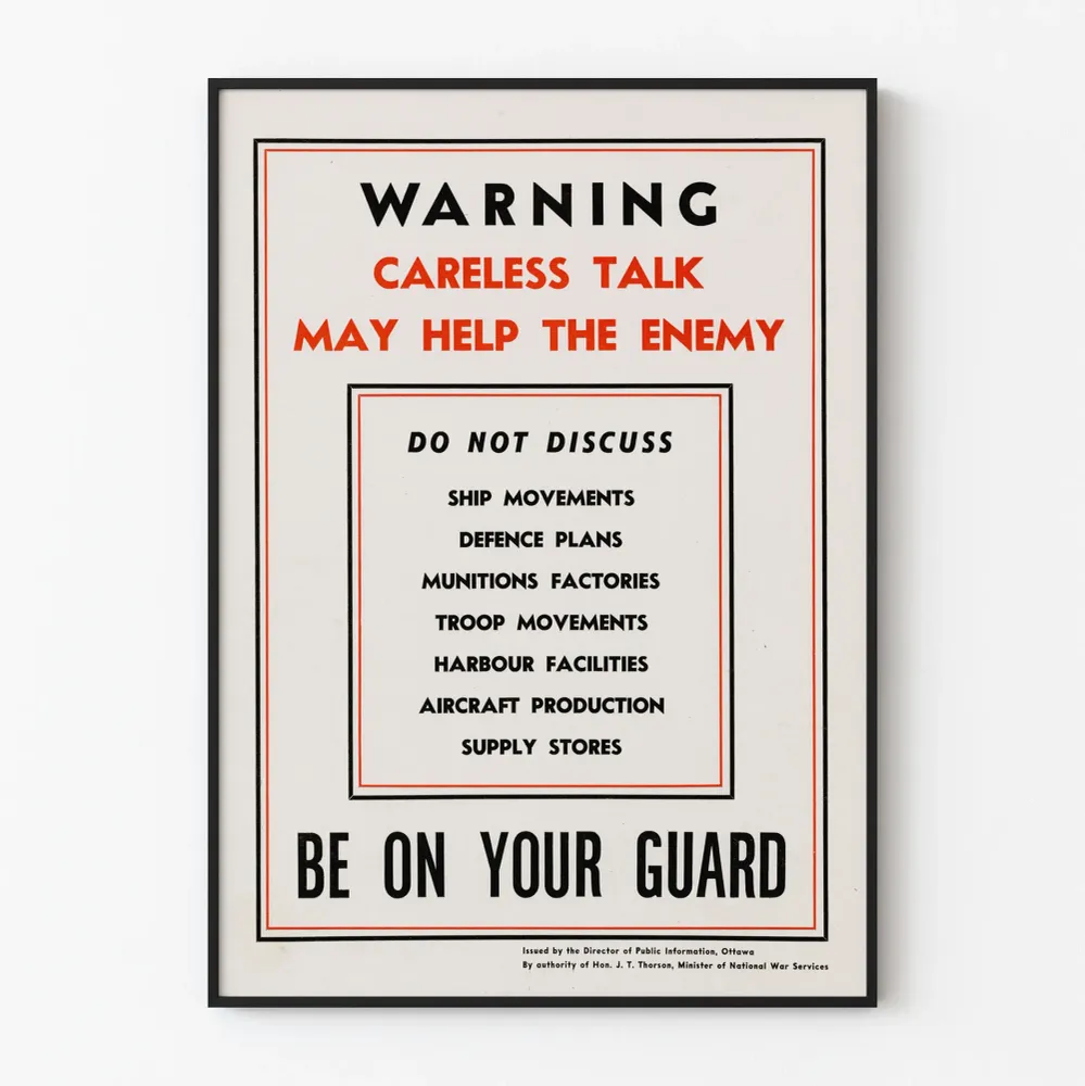 Affiche vintage avertissement sécurité militaire