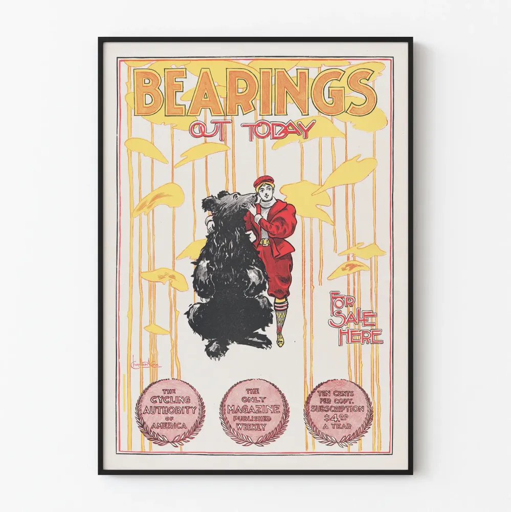 Affiche vintage 'Bearings Out Today' avec illustration d'un ours et cycliste
