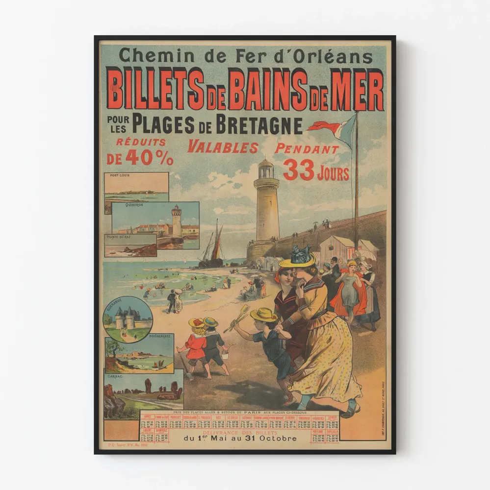 Affiche vintage billets de bains de mer pour plages de Bretagne