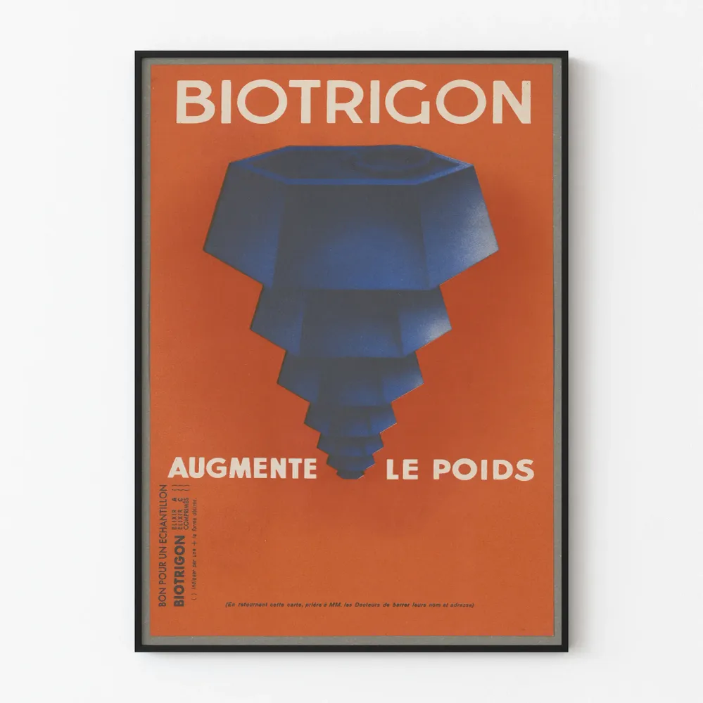 Affiche Vintage Biotrigon - Illustration Géométrique Bleue sur Fond Orange