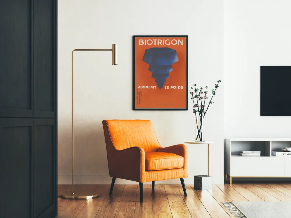 Affiche Vintage Biotrigon - Illustration Géométrique Bleue sur Fond Orange