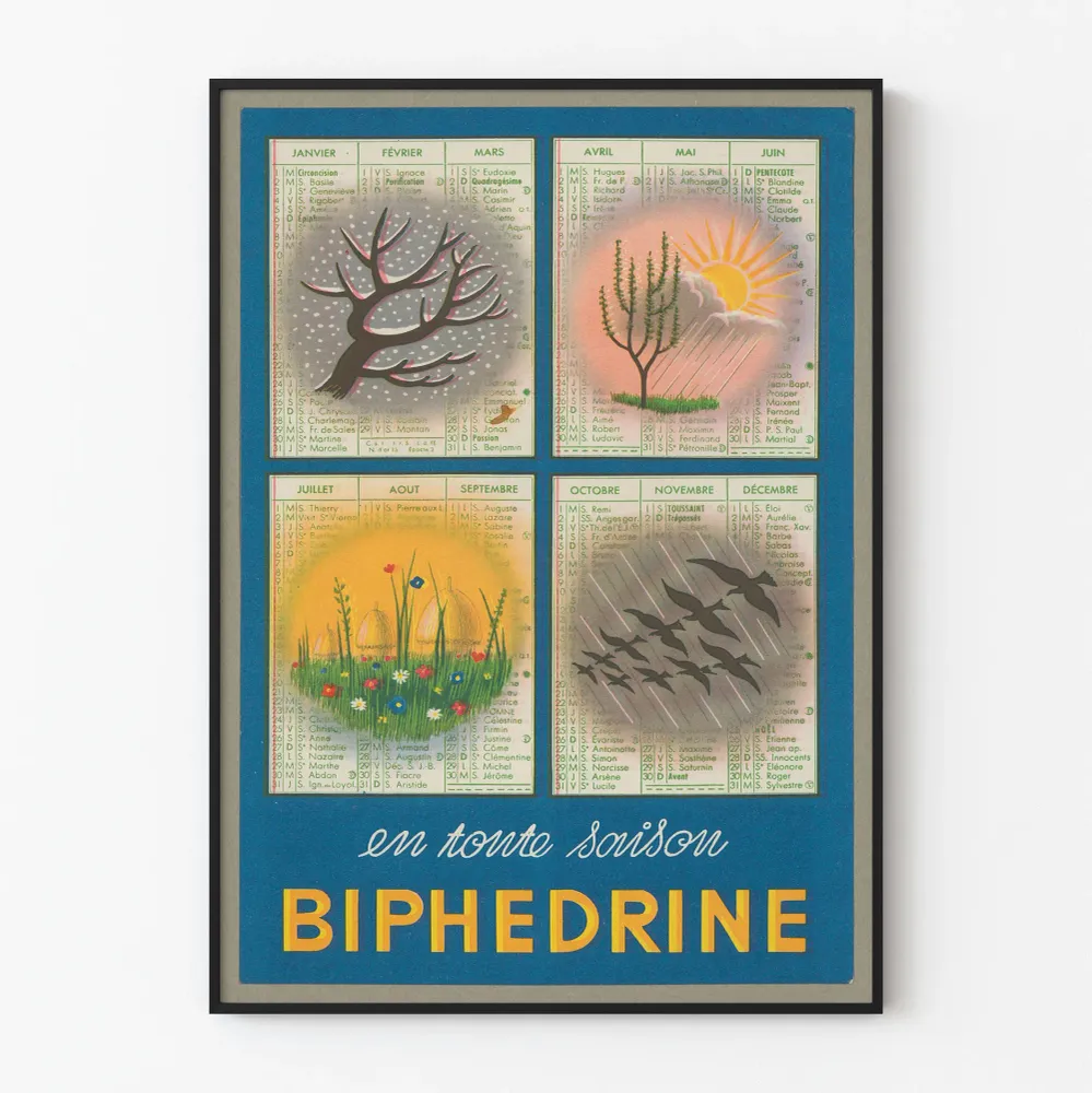 Affiche vintage BIPHEDRINE calendrier saisonnier