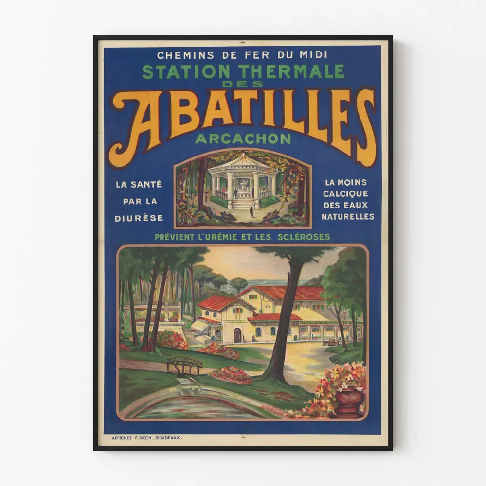 Affiche vintage bleu et orange pour la station thermale des Abatilles à Arcachon
