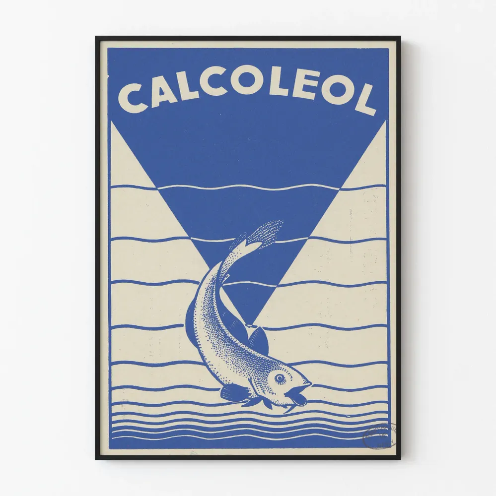 Affiche vintage bleue Calcoleol avec poisson stylisé