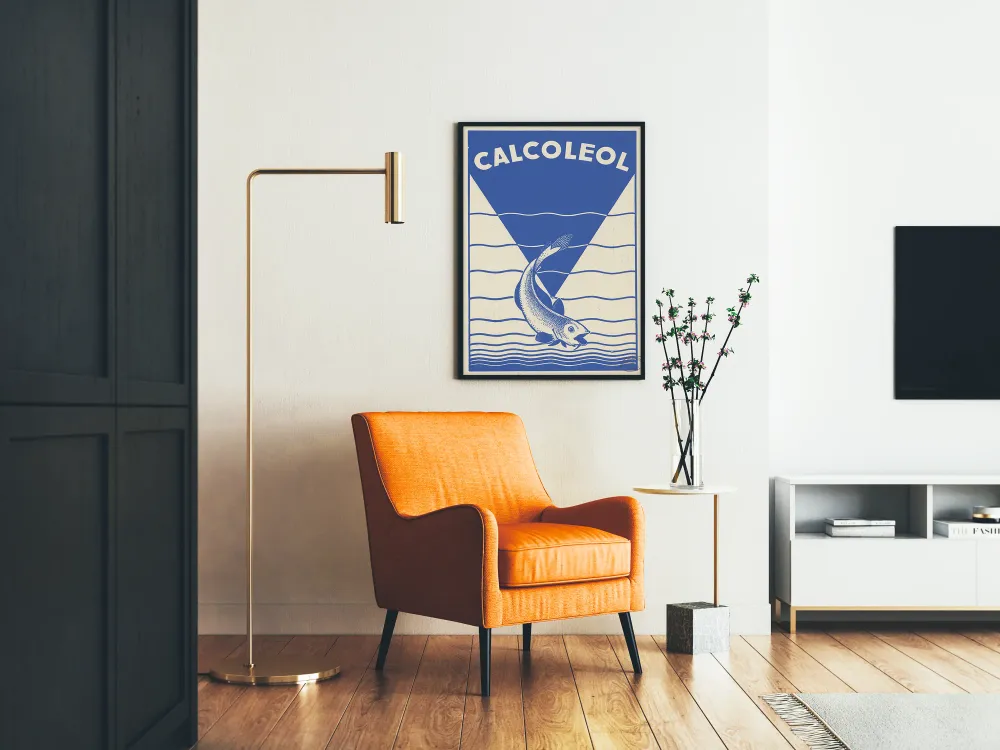 Affiche vintage bleue Calcoleol avec poisson stylisé