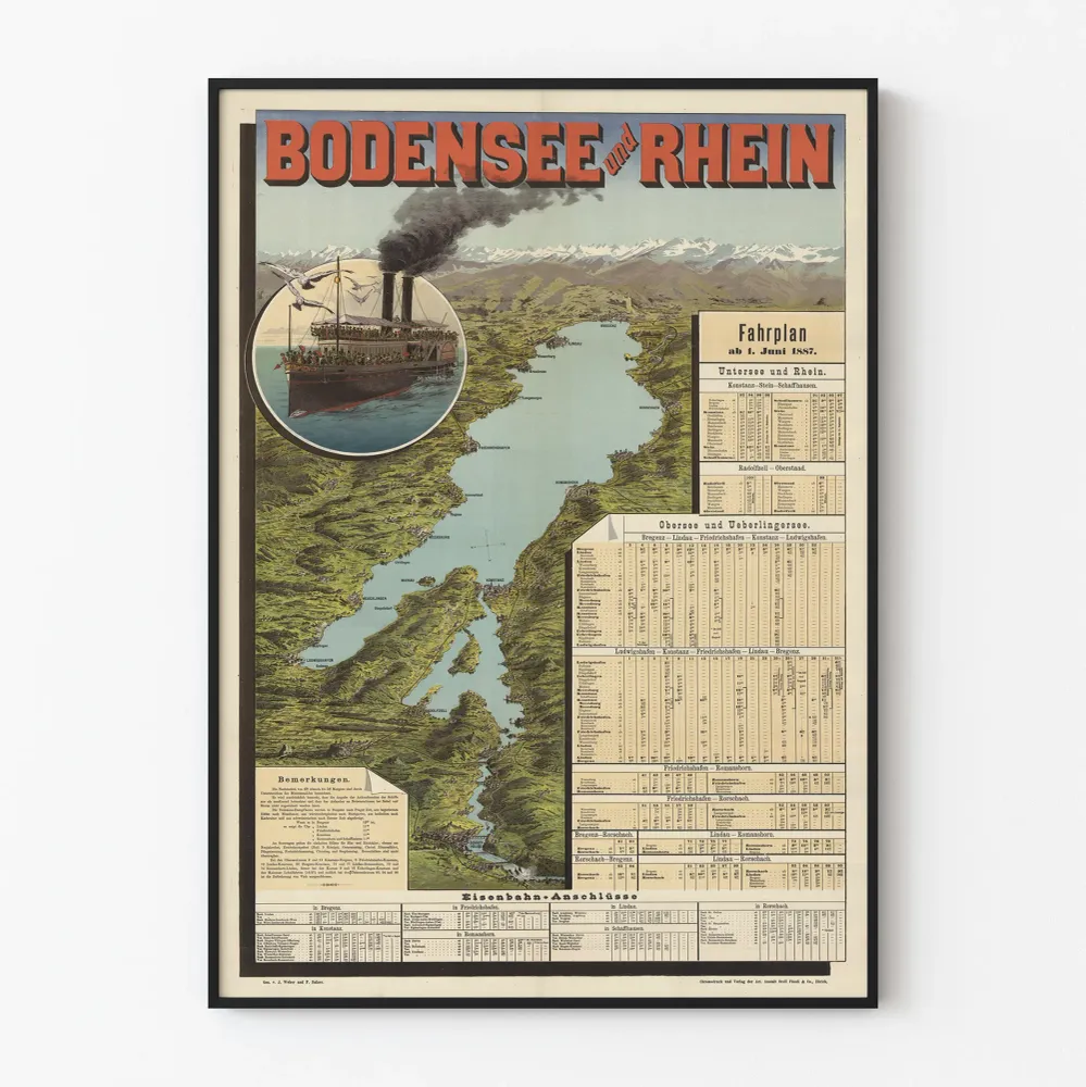Affiche Vintage Bodensee et Rhein - Plan des Traversées en 1887