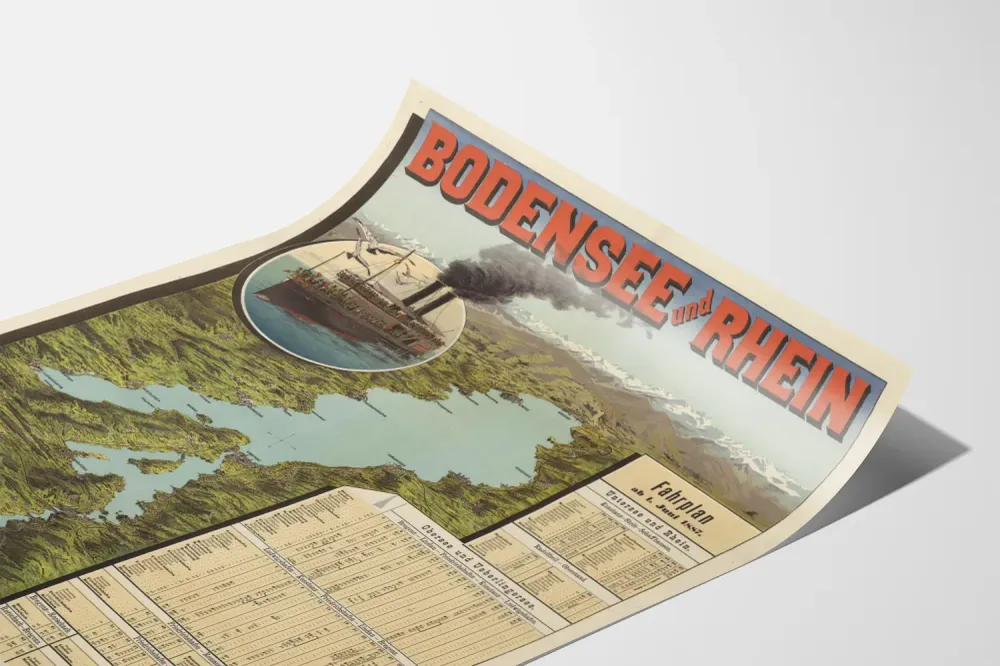 Affiche Vintage Bodensee et Rhein - Plan des Traversées en 1887