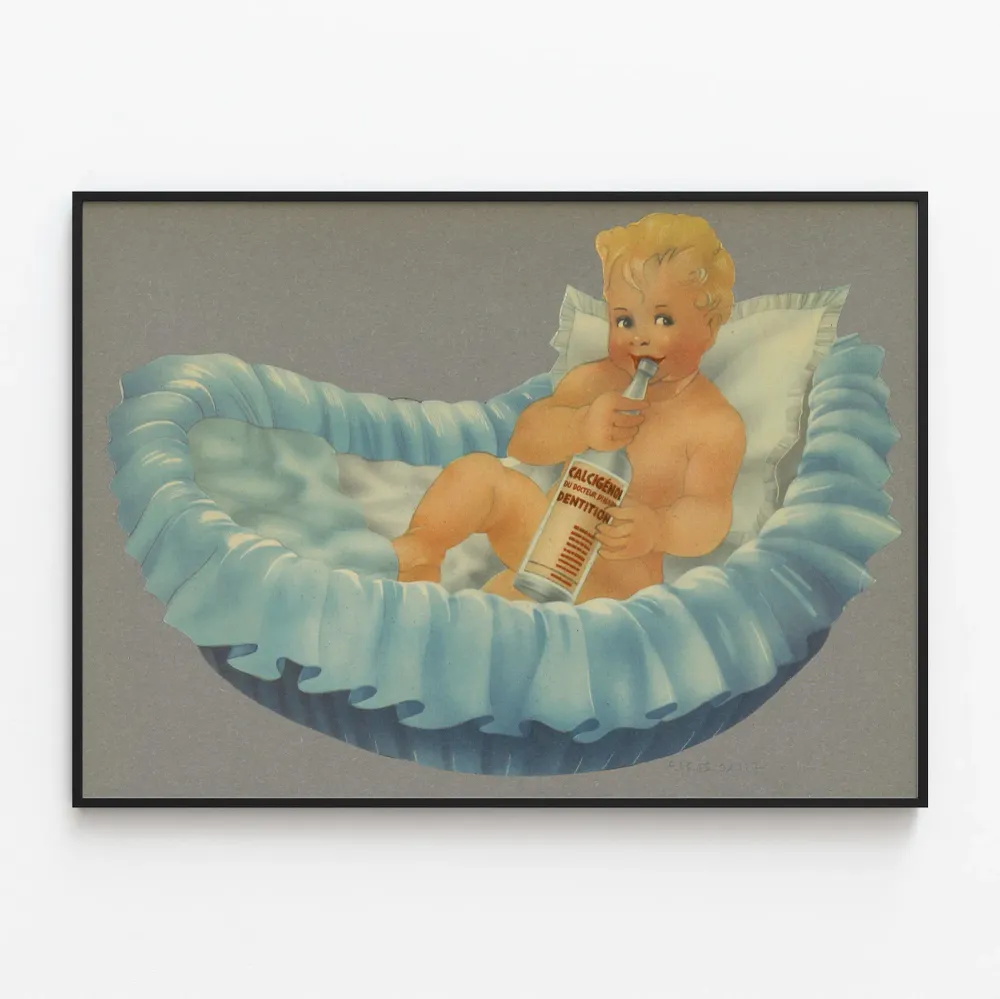Affiche vintage bébé et Calcigénol pour dentition