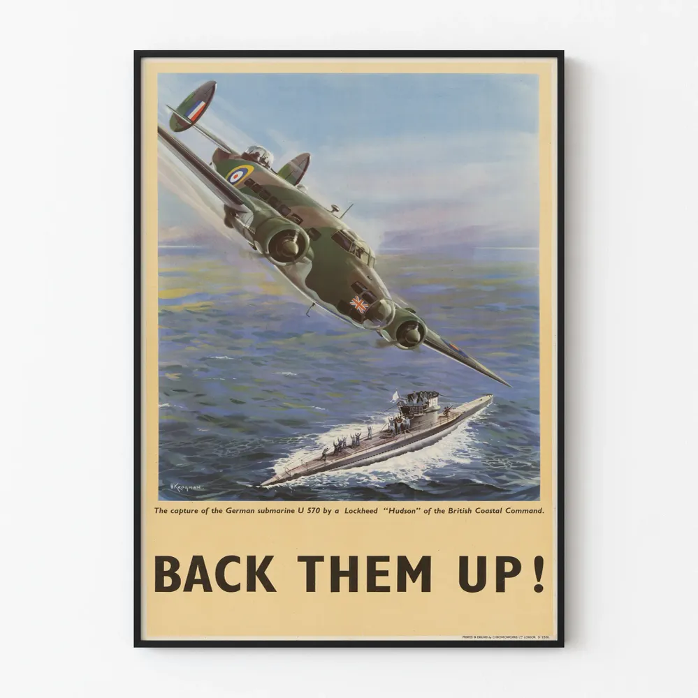 Affiche vintage capture sous-marine et avion Lockheed Hudson