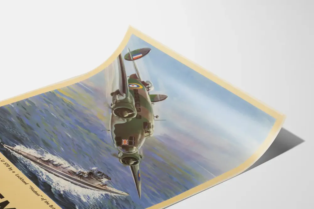 Affiche vintage capture sous-marine et avion Lockheed Hudson