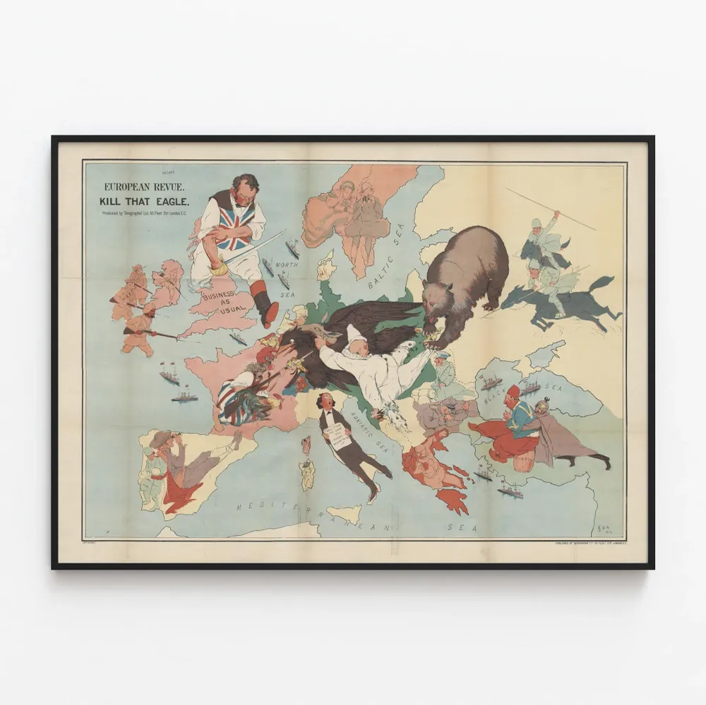 Affiche vintage carte Europe caricaturale Kill That Eagle